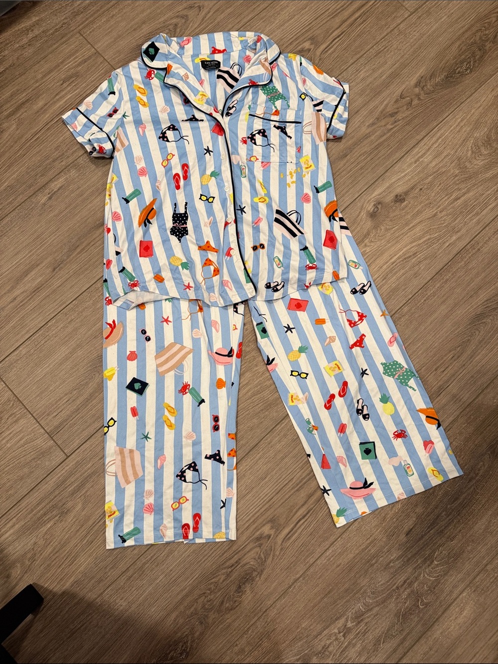 Kate Spade Light Blue & White Striped Pajama Set with Beach Motif